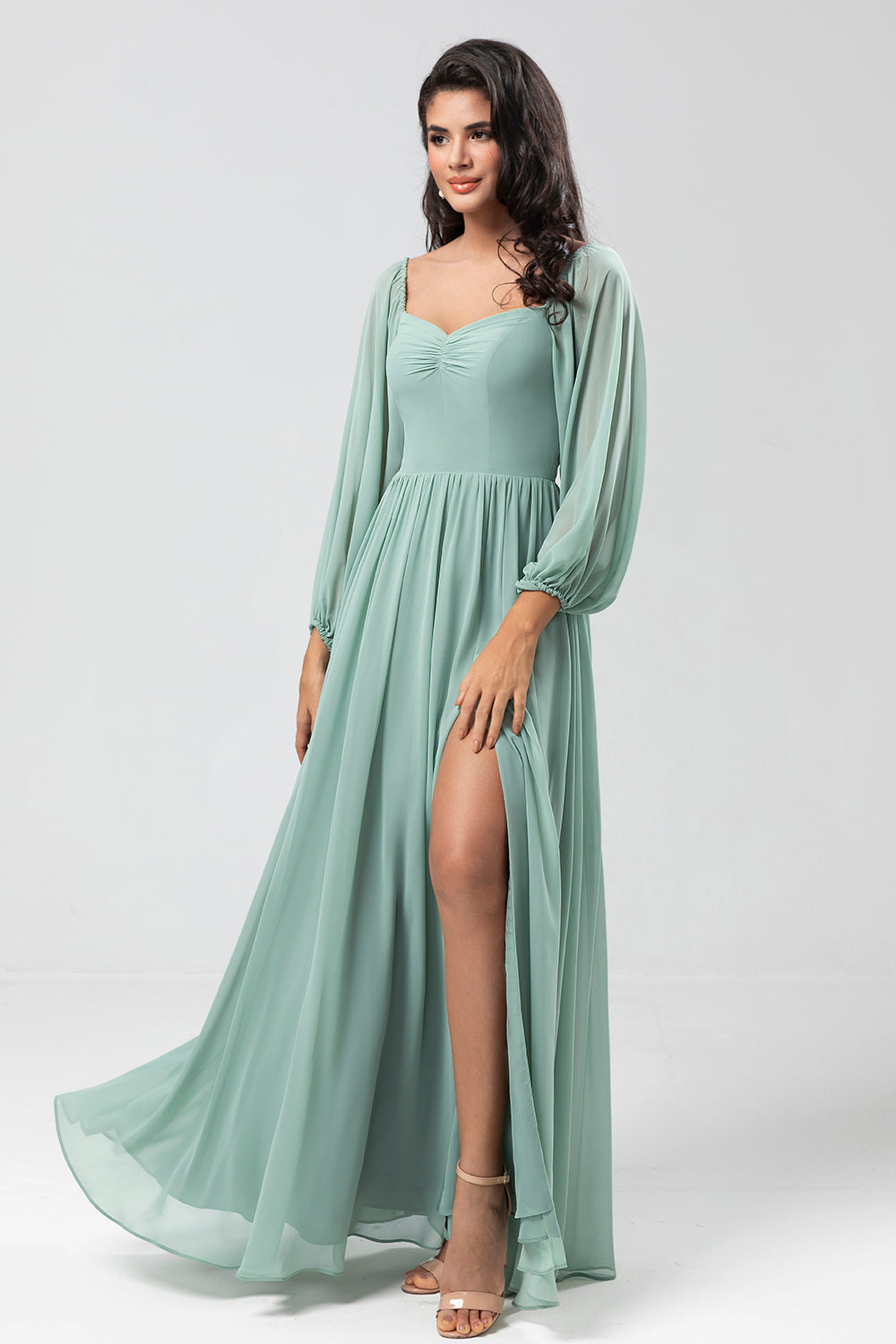 Matcha A Line Off the Shoulder Chiffon Bridesmaid Dress with Slit