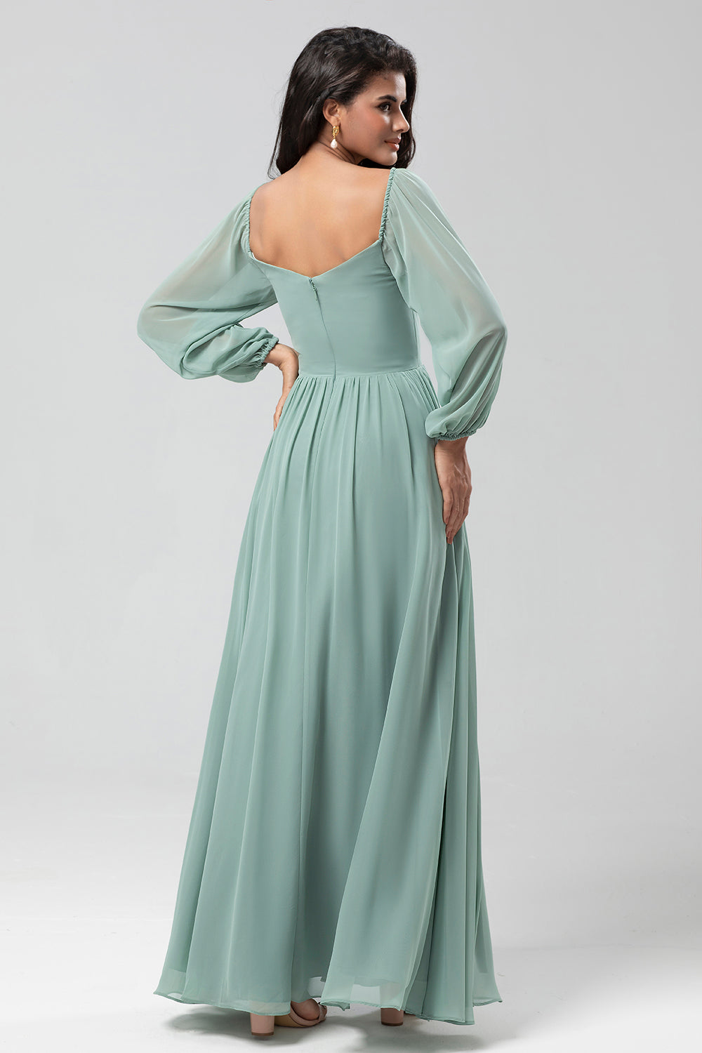 Matcha A Line Off the Shoulder Chiffon Bridesmaid Dress with Slit