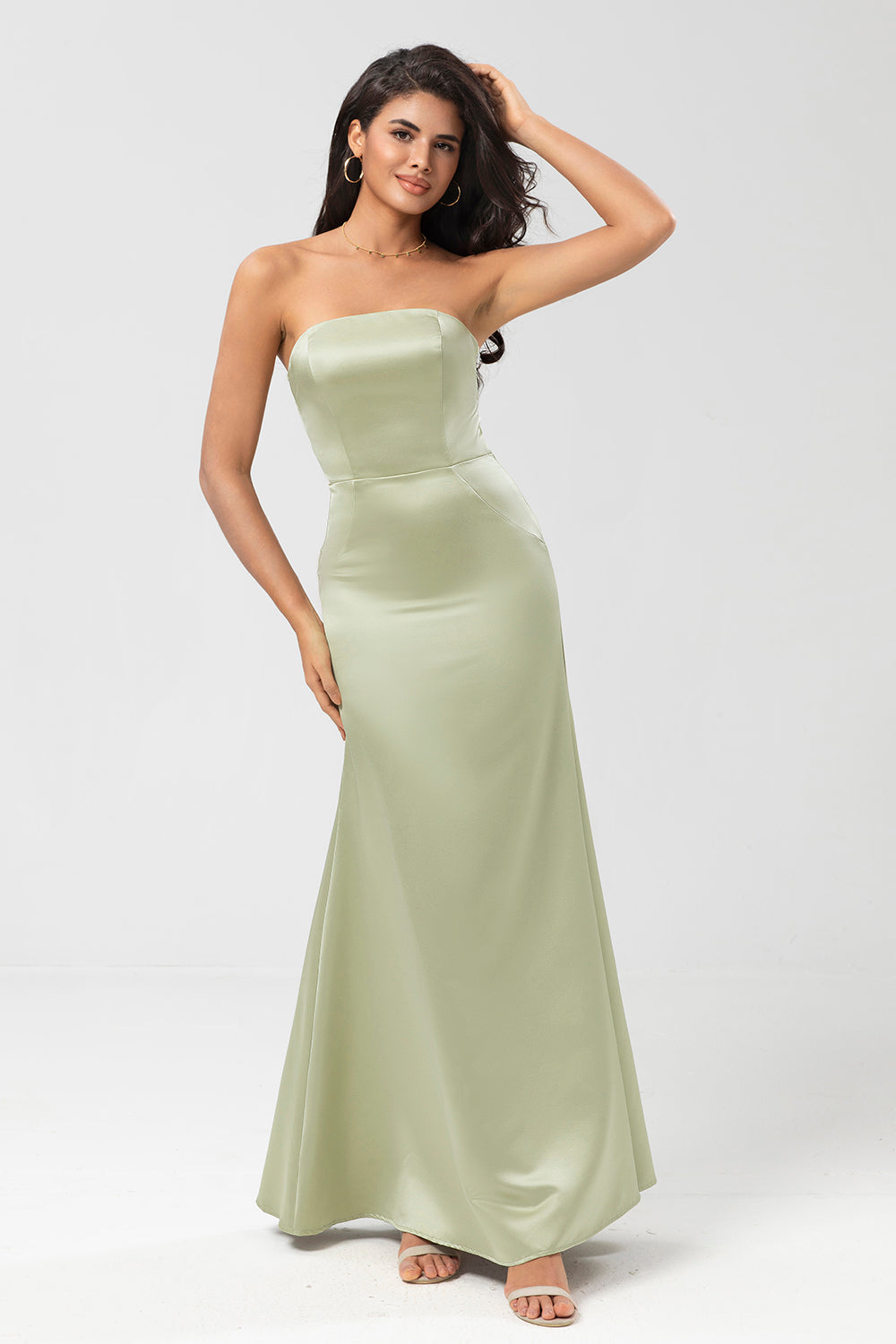 Dusty Sage Mermaid Strapless Floor-Length Satin Bridesmaid Dress