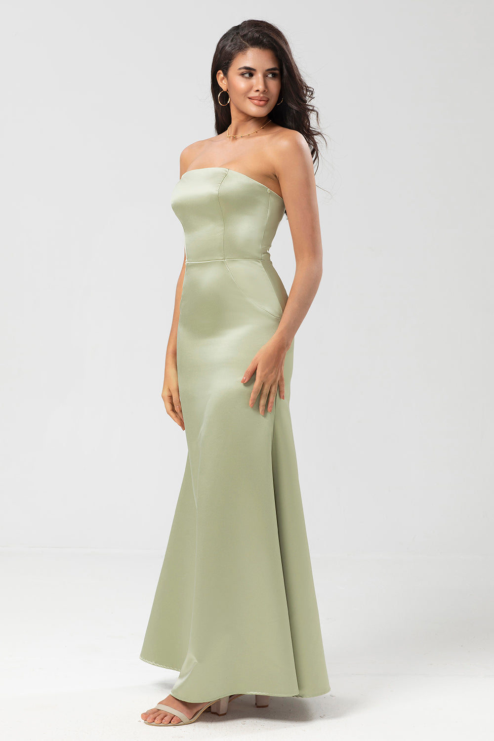 Dusty Sage Mermaid Strapless Floor-Length Satin Bridesmaid Dress