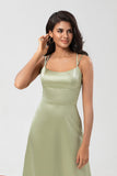 Dusty Sage A Line Spaghetti Straps Floor-Length Satin Bridesmaid Dress with Slit
