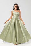 Dusty Sage A-Line One Shoulder Ruched Satin Bridesmaid Dress with Pocket