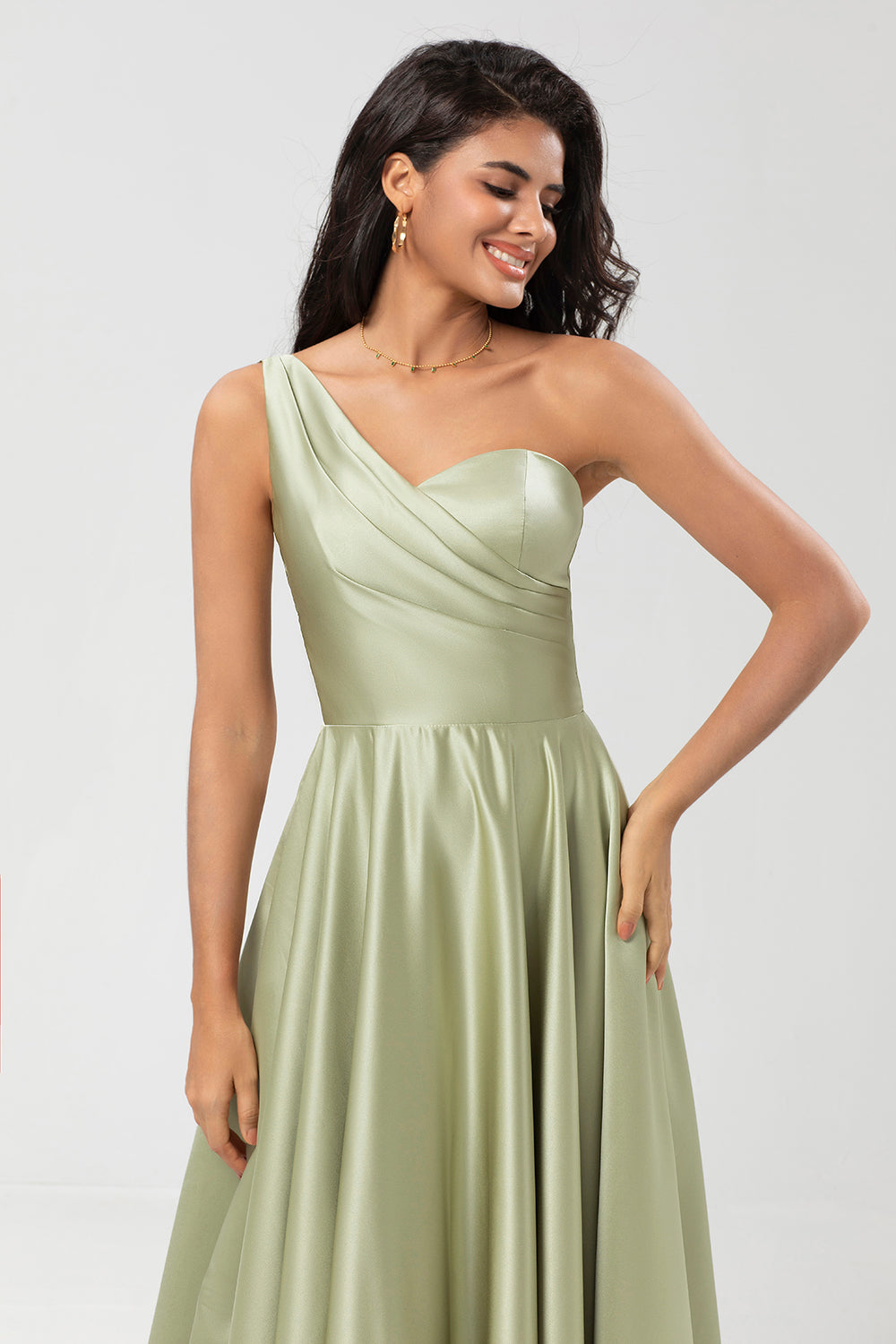 Dusty Sage A-Line One Shoulder Ruched Satin Bridesmaid Dress with Pocket