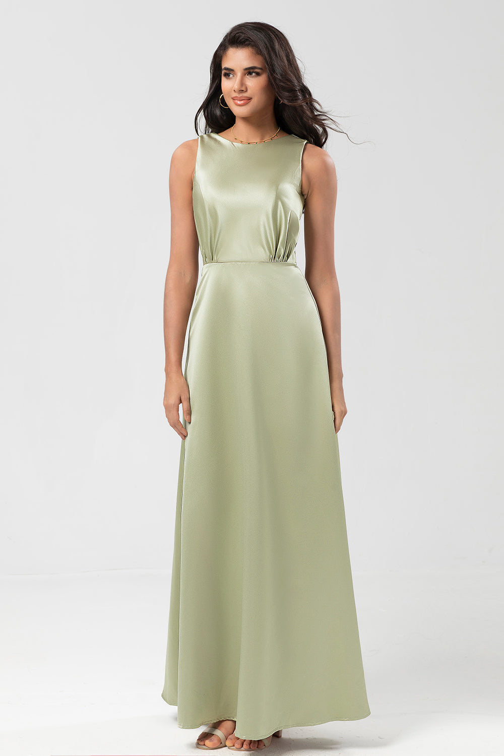 Dusty Sage A Line Floor-Length Satin Bridesmaid Dress