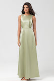 Dusty Sage A Line Floor-Length Satin Bridesmaid Dress