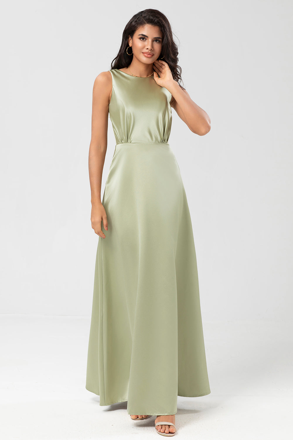Dusty Sage A Line Floor-Length Satin Bridesmaid Dress