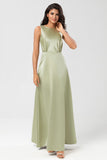 Dusty Sage A Line Floor-Length Satin Bridesmaid Dress