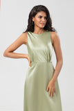Dusty Sage A Line Floor-Length Satin Bridesmaid Dress