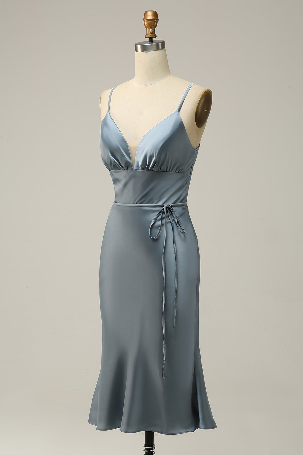 Grey Blue Sheath Spaghetti Straps Satin Midi Bridesmaid Dress