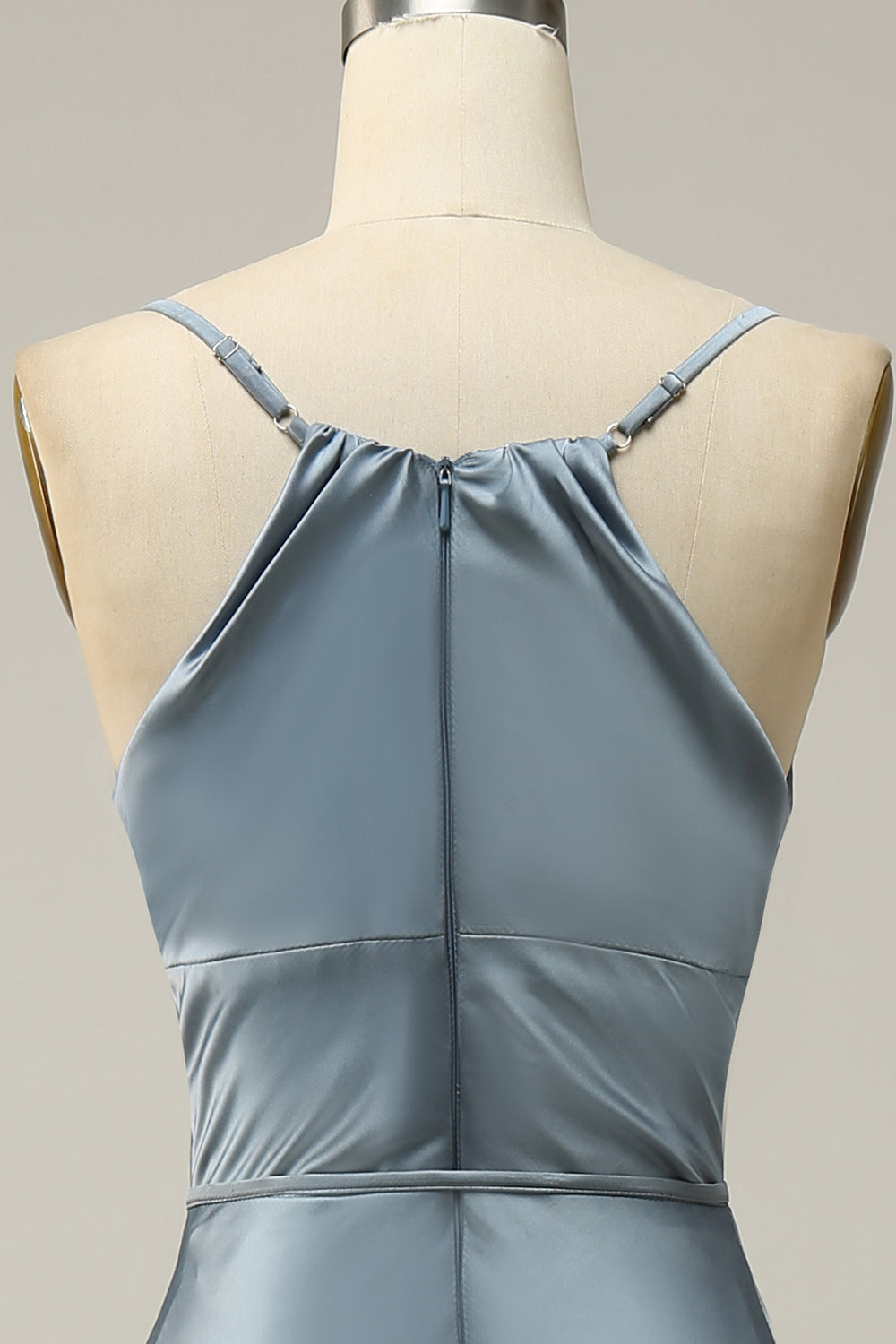 Grey Blue Sheath Spaghetti Straps Satin Midi Bridesmaid Dress