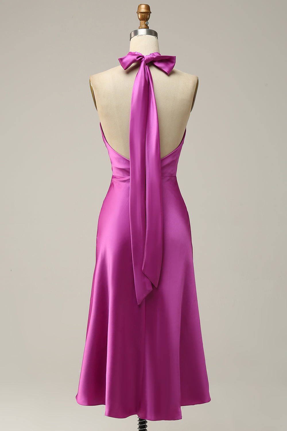 Fuchsia Mermaid Halter Satin Open Back Midi Bridesmaid Dress