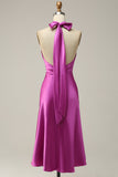 Fuchsia Mermaid Halter Satin Open Back Midi Bridesmaid Dress