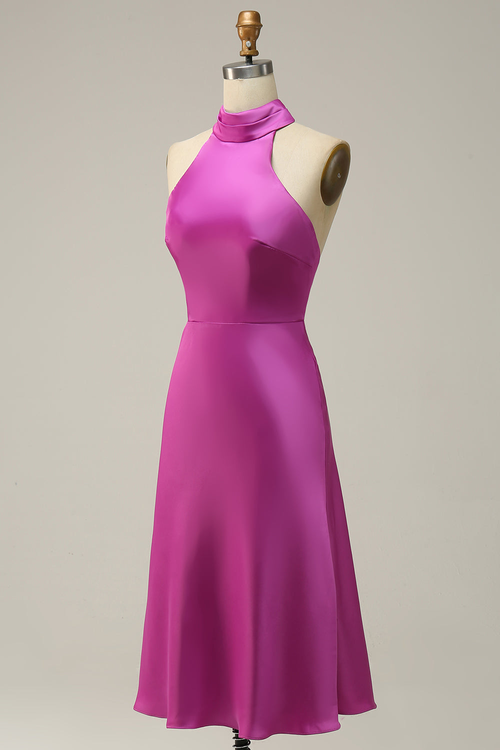 Fuchsia Mermaid Halter Satin Open Back Midi Bridesmaid Dress