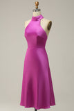 Fuchsia Mermaid Halter Satin Open Back Midi Bridesmaid Dress