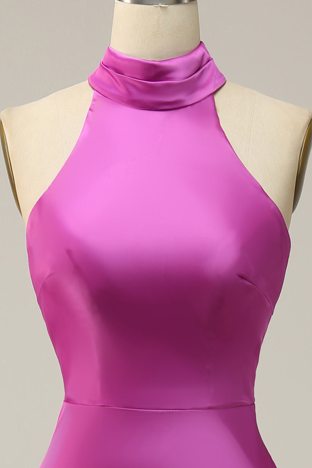 Fuchsia Mermaid Halter Satin Open Back Midi Bridesmaid Dress