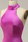 Fuchsia Mermaid Halter Satin Open Back Midi Bridesmaid Dress