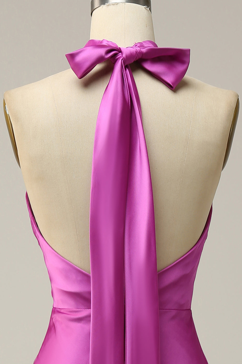 Fuchsia Mermaid Halter Satin Open Back Midi Bridesmaid Dress