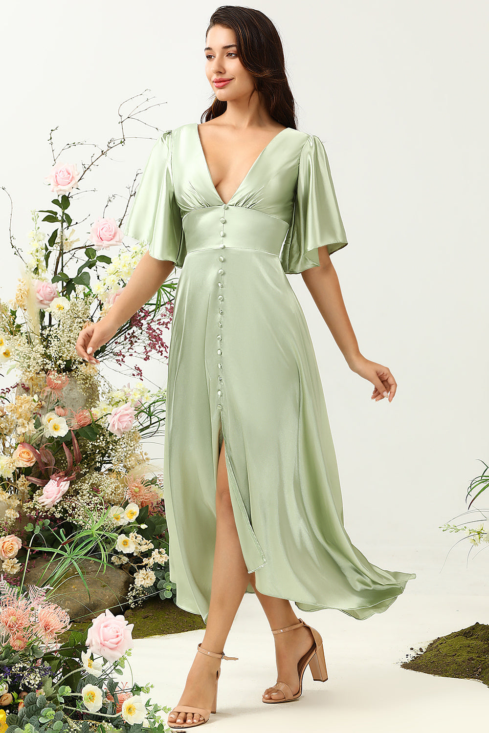 Sage A Line Deep V Neck Bridesmaid Dress with Half Sleeves