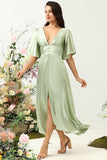 Sage A Line Deep V Neck Bridesmaid Dress with Half Sleeves