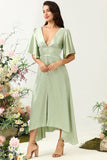 Sage A Line Deep V Neck Bridesmaid Dress with Half Sleeves