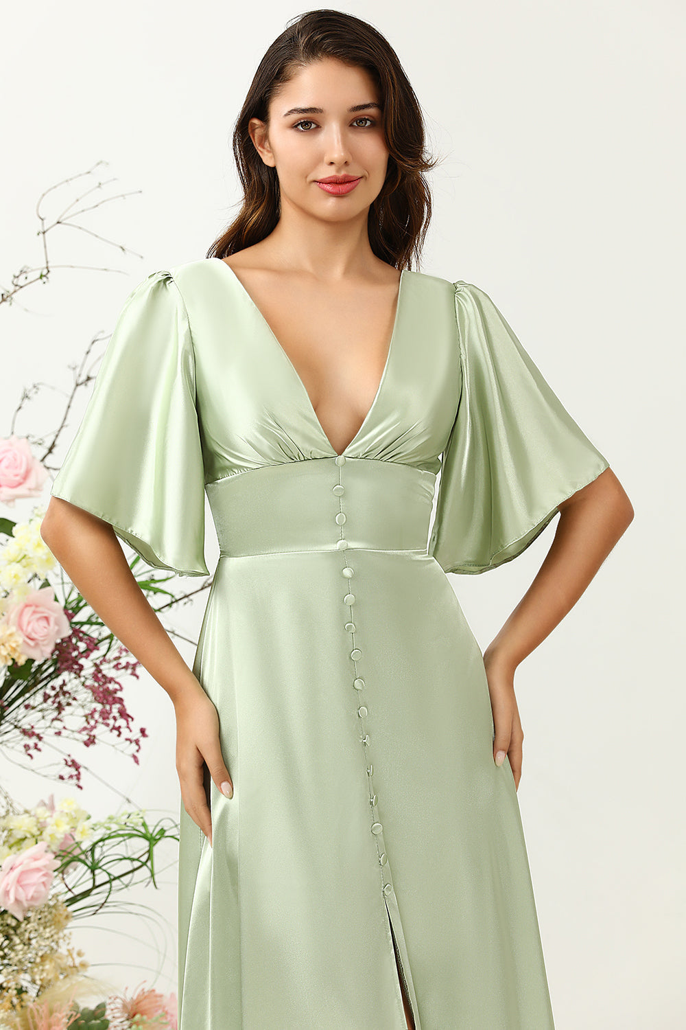 Sage A Line Deep V Neck Bridesmaid Dress with Half Sleeves