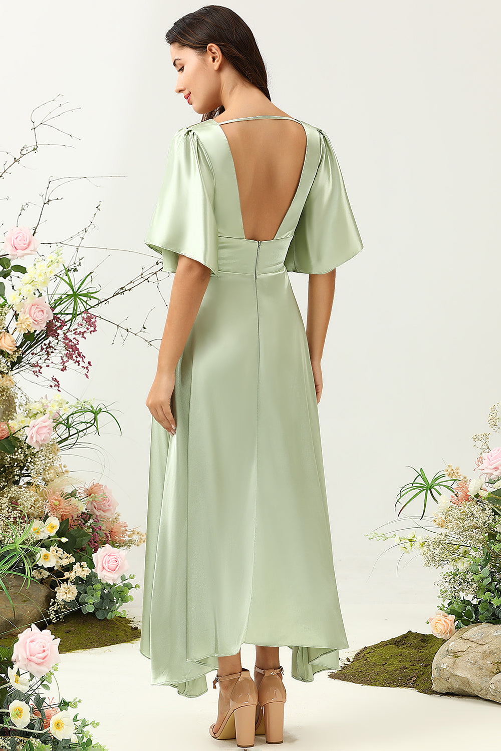 Sage A Line Deep V Neck Bridesmaid Dress with Half Sleeves