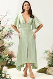 Sage A Line Deep V Neck Bridesmaid Dress with Half Sleeves