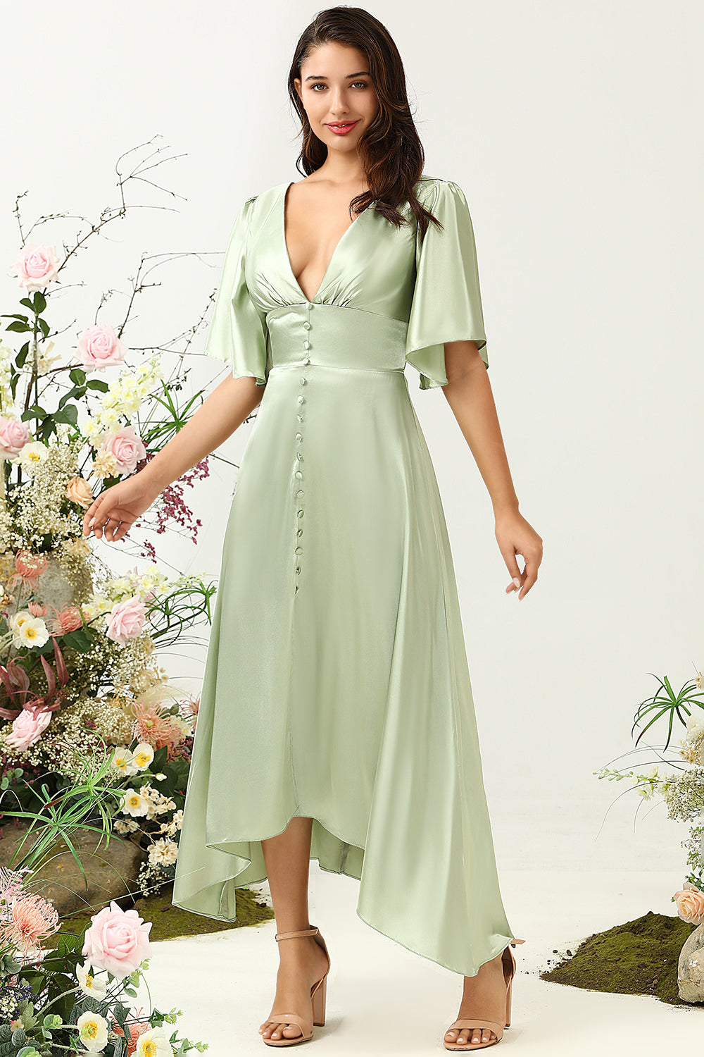 Sage A Line Deep V Neck Bridesmaid Dress with Half Sleeves
