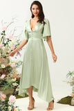 Sage A Line Deep V Neck Bridesmaid Dress with Half Sleeves
