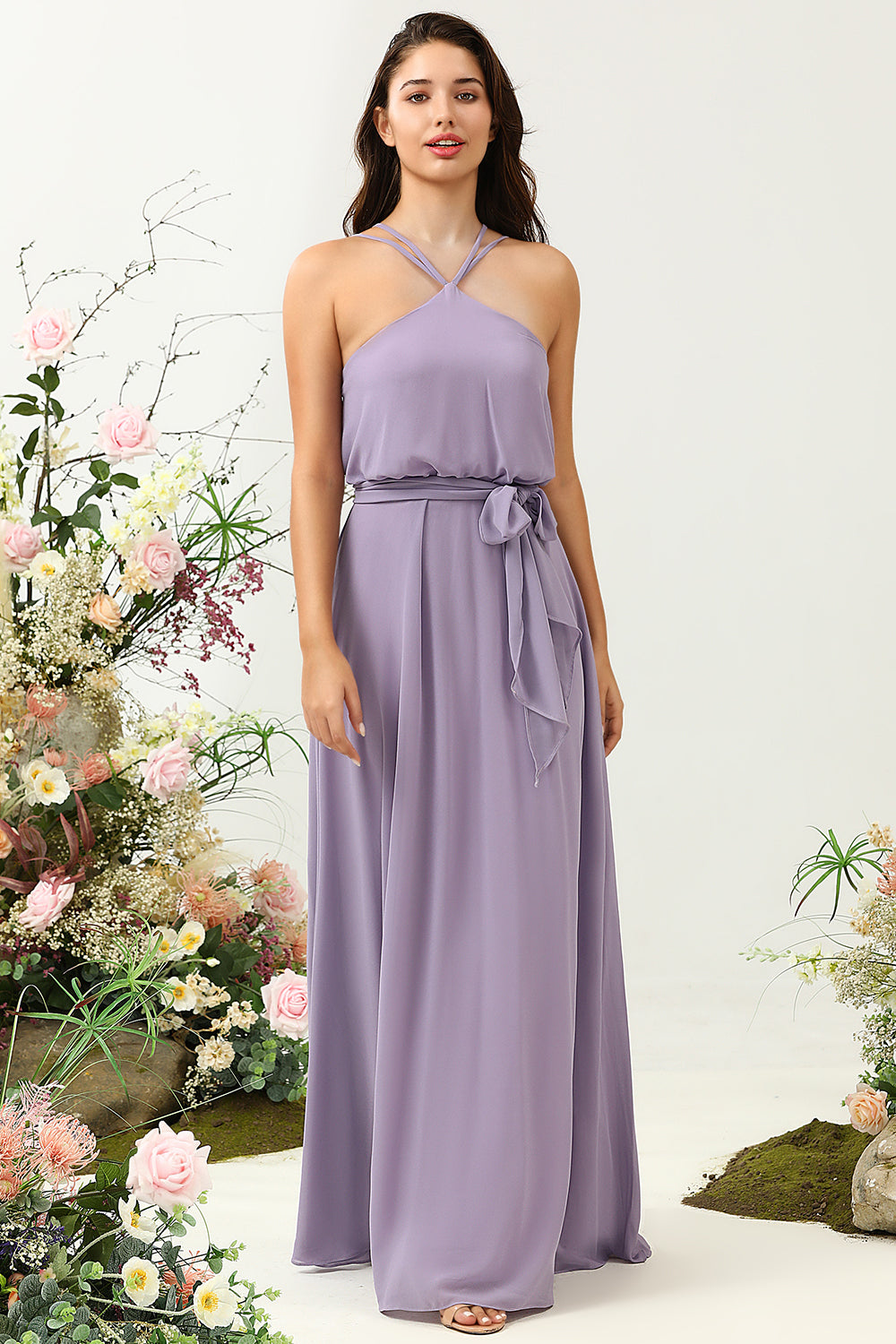 Grey Purple A Line Halter Long Bridesmaid Dress with Bowknot
