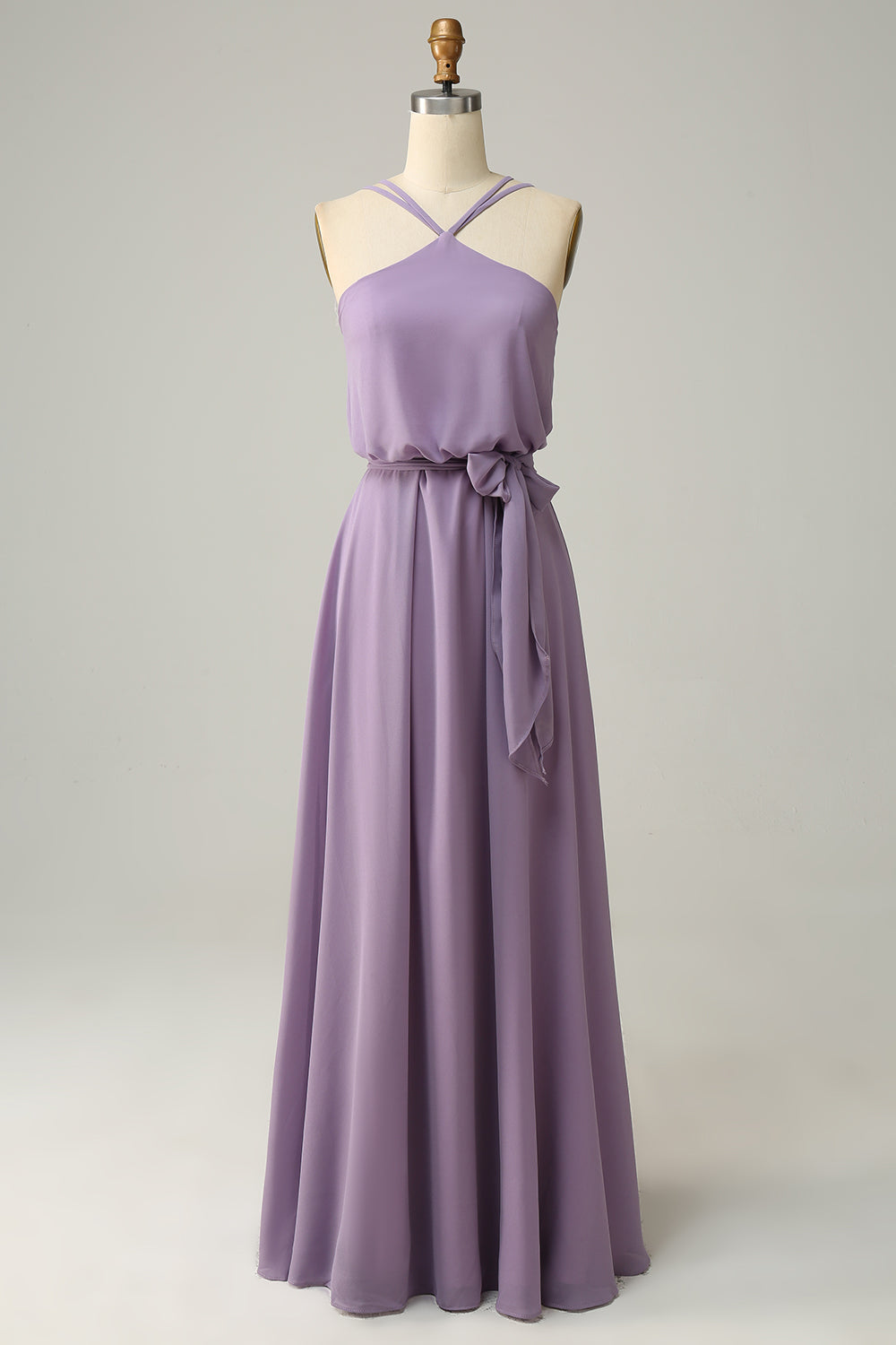 Grey Purple A Line Halter Long Bridesmaid Dress with Bowknot