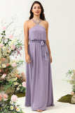 Grey Purple A Line Halter Long Bridesmaid Dress with Bowknot