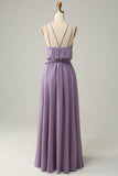 Grey Purple A Line Halter Long Bridesmaid Dress with Bowknot