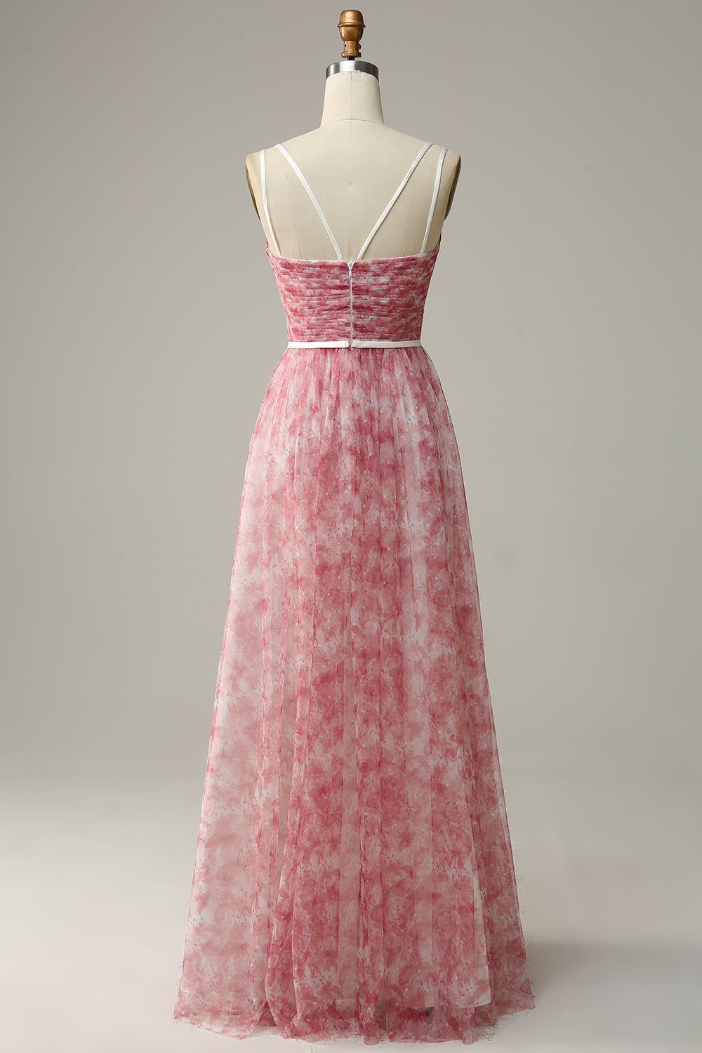 Blue A Line Spaghetti Straps Floral Print Tulle Floor Length Bridesmaid Dress