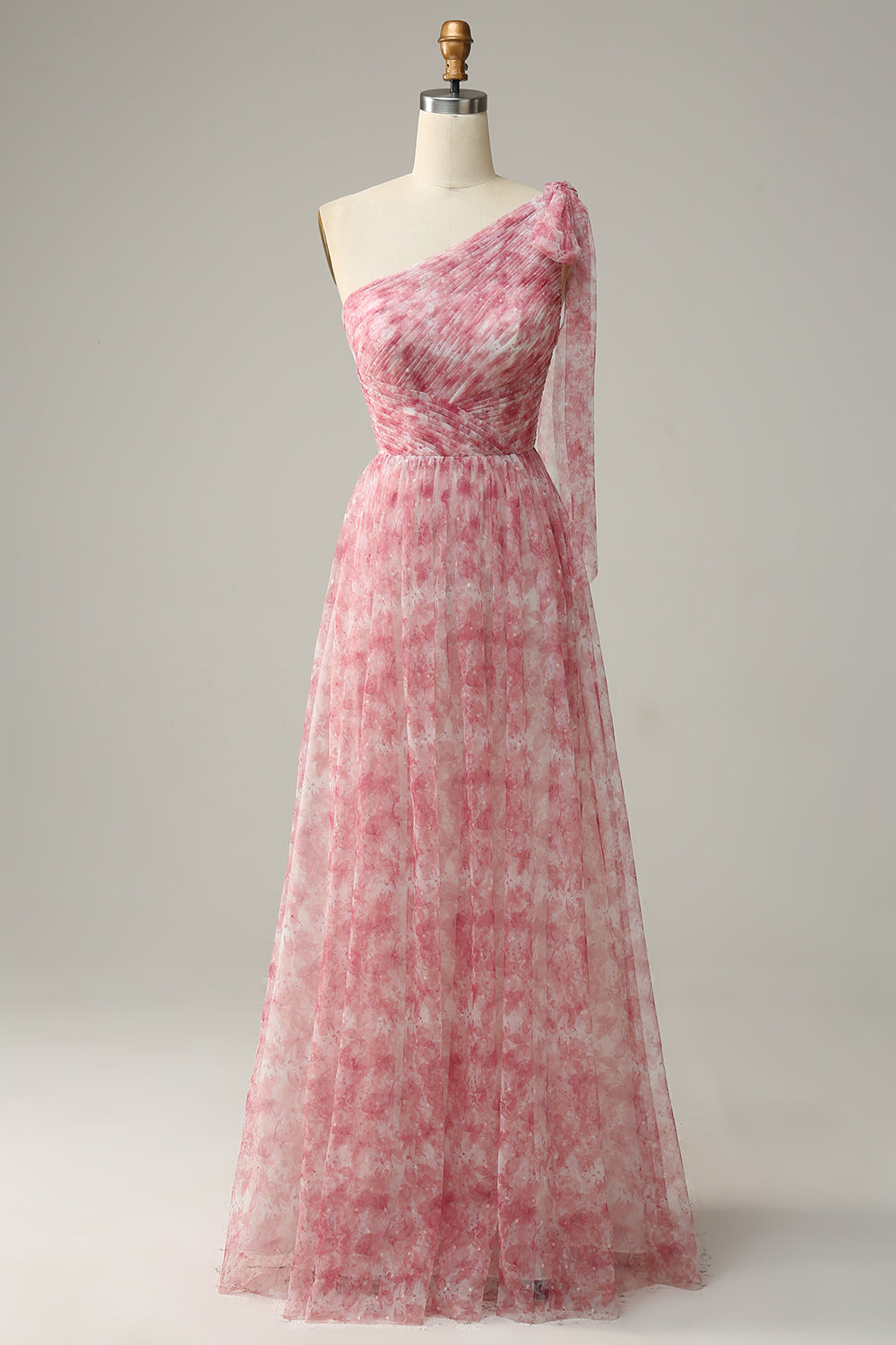 Red A Line One Shoulder Floor Length Print Tulle Bridesmaid Dress