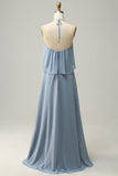 Blue A Line Halter 100D Chiffon Bridesmaid Dress with Ruffles