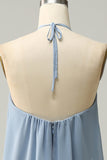 Blue A Line Halter 100D Chiffon Bridesmaid Dress with Ruffles