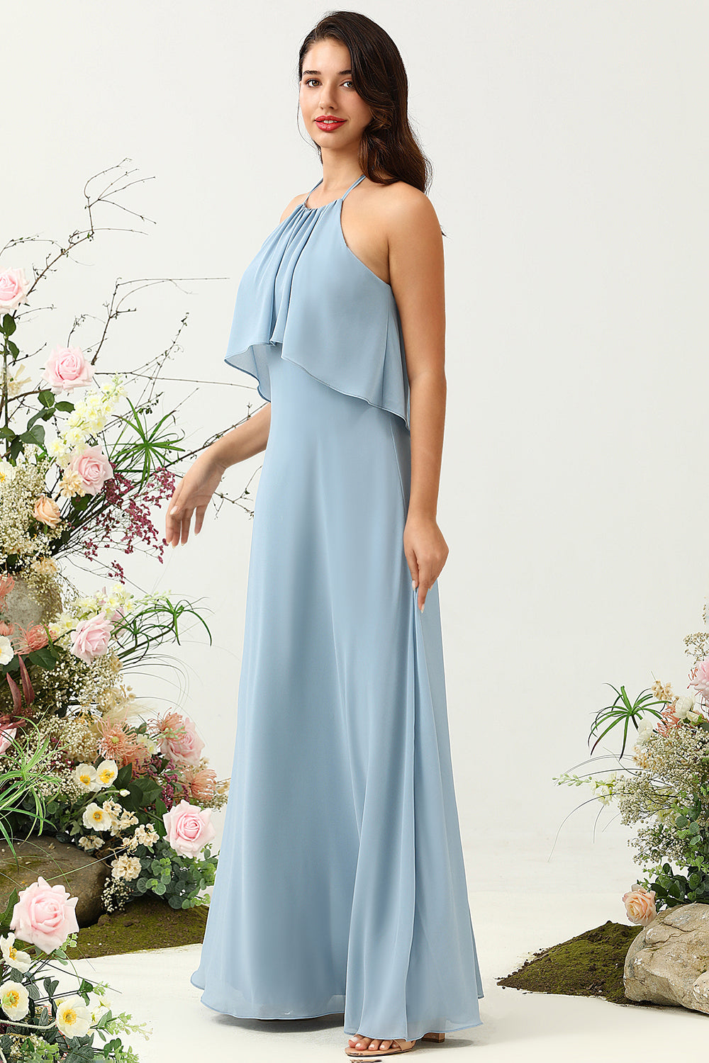 Mist A Line Halter 100D Chiffon Bridesmaid Dress with Ruffles