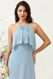 Mist A Line Halter 100D Chiffon Bridesmaid Dress with Ruffles