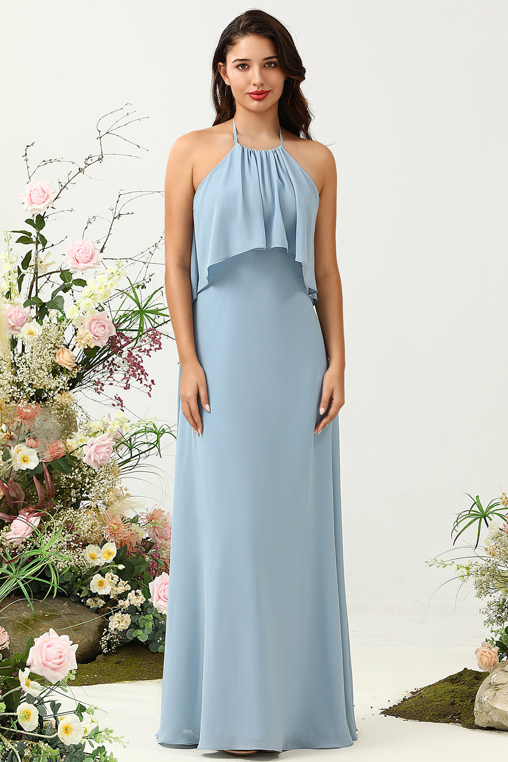 Mist A Line Halter 100D Chiffon Bridesmaid Dress with Ruffles