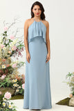 Mist A Line Halter 100D Chiffon Bridesmaid Dress with Ruffles