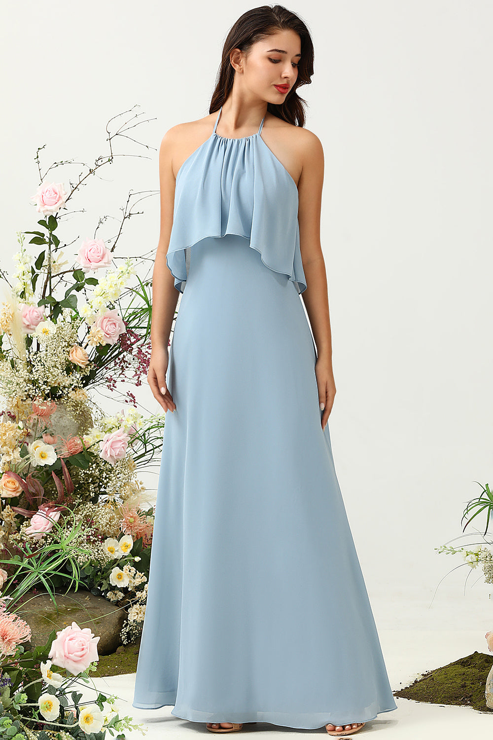 Mist A Line Halter 100D Chiffon Bridesmaid Dress with Ruffles