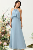 Mist A Line Halter 100D Chiffon Bridesmaid Dress with Ruffles