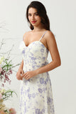 White Purple Flower A-Line Spaghetti Straps Chiffon Floor-Length Bridesmaid Dress