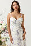 White Purple Flower A-Line Spaghetti Straps Chiffon Floor-Length Bridesmaid Dress