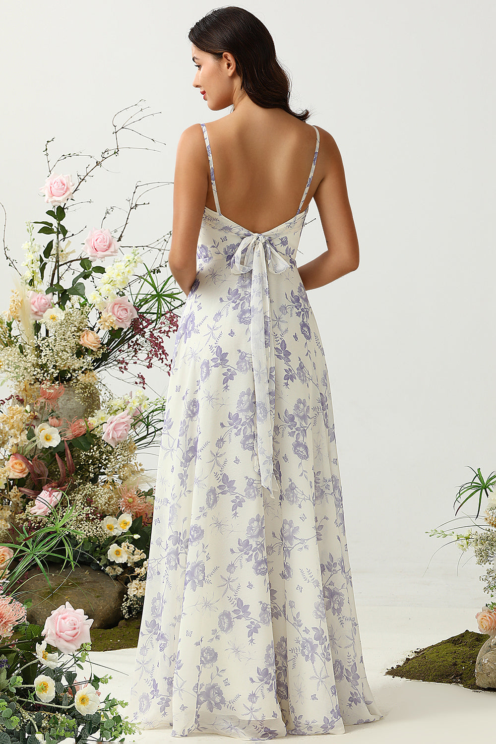 White Blue Flower A-Line Spaghetti Straps Chiffon Floor-Length Bridesmaid Dress