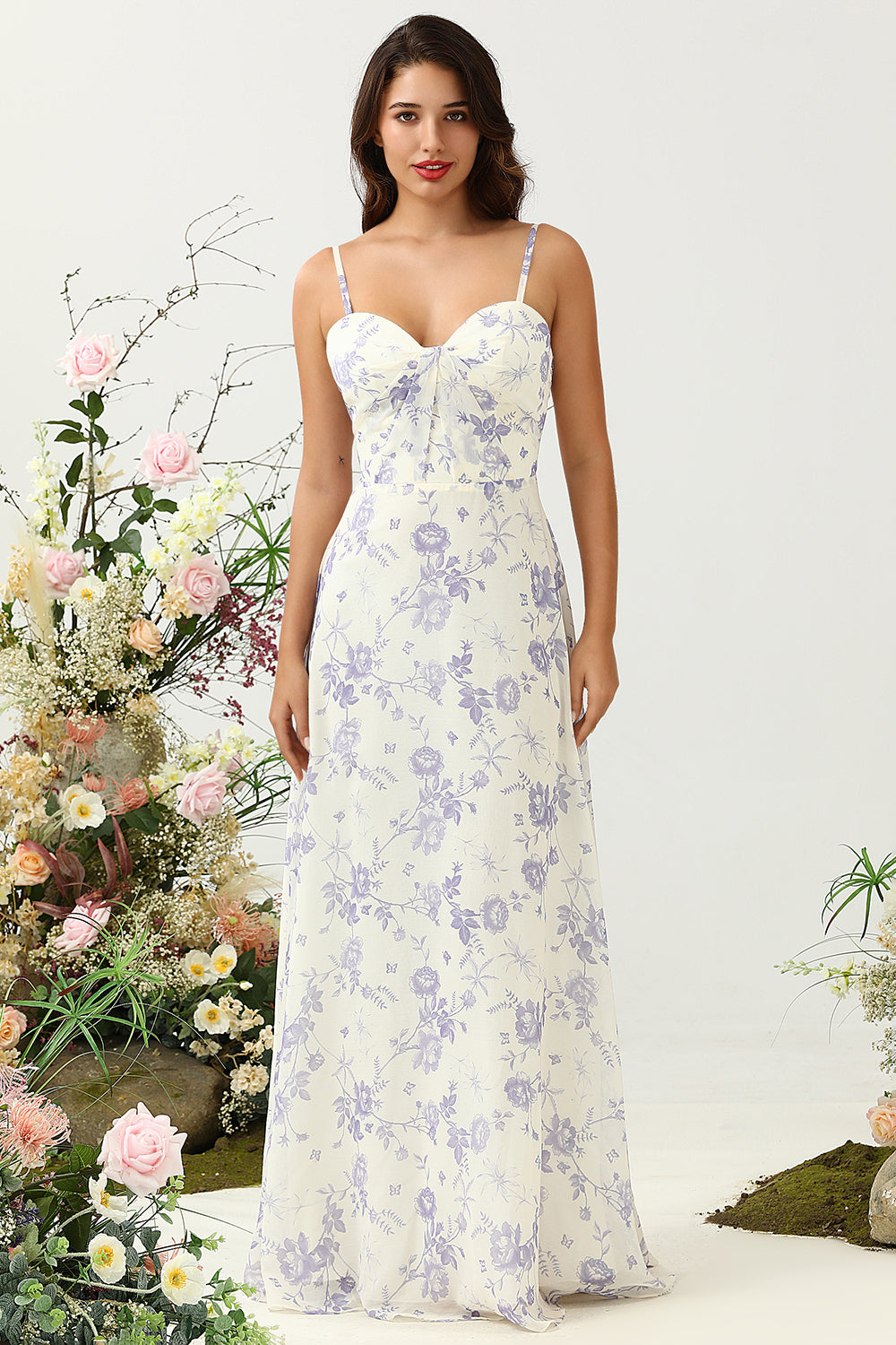 White Purple Flower A-Line Spaghetti Straps Chiffon Floor-Length Bridesmaid Dress