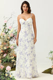 White Purple Flower A-Line Spaghetti Straps Chiffon Floor-Length Bridesmaid Dress