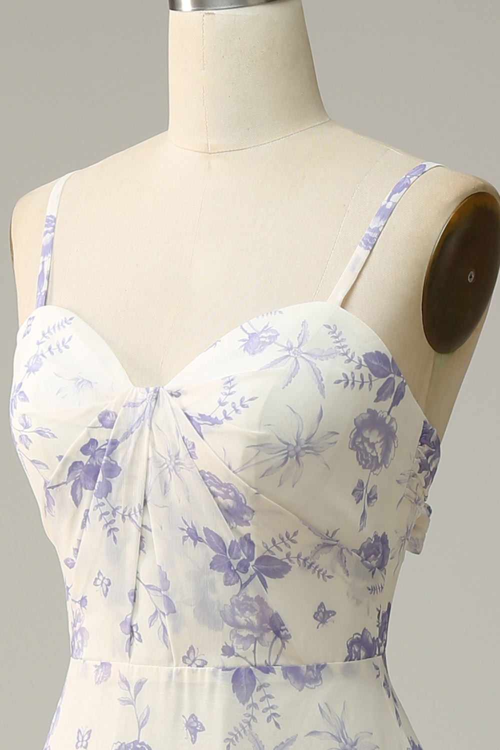 White Blue Flower A-Line Spaghetti Straps Chiffon Floor-Length Bridesmaid Dress