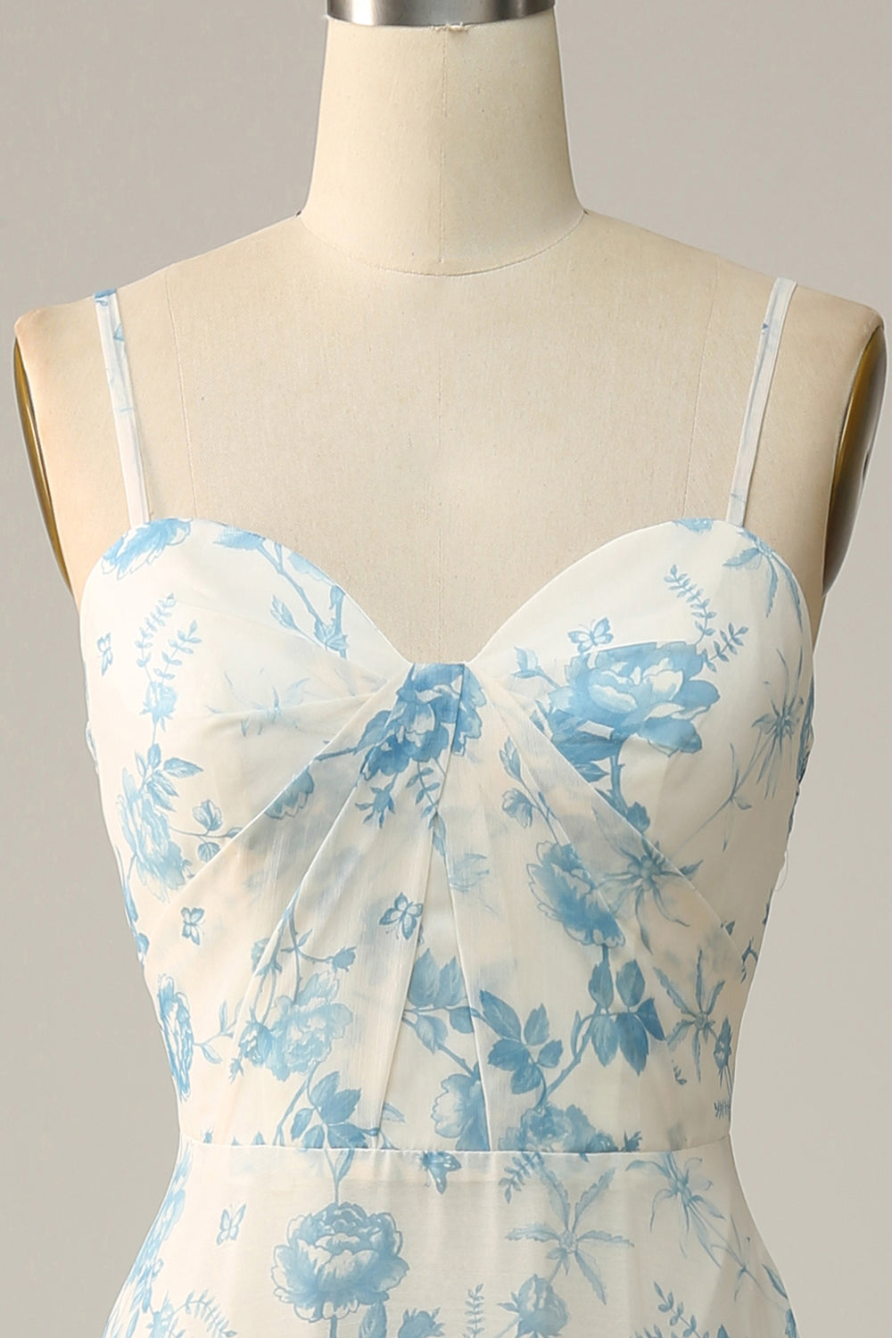 White Blue Flower A-Line Spaghetti Straps Chiffon Floor-Length Bridesmaid Dress